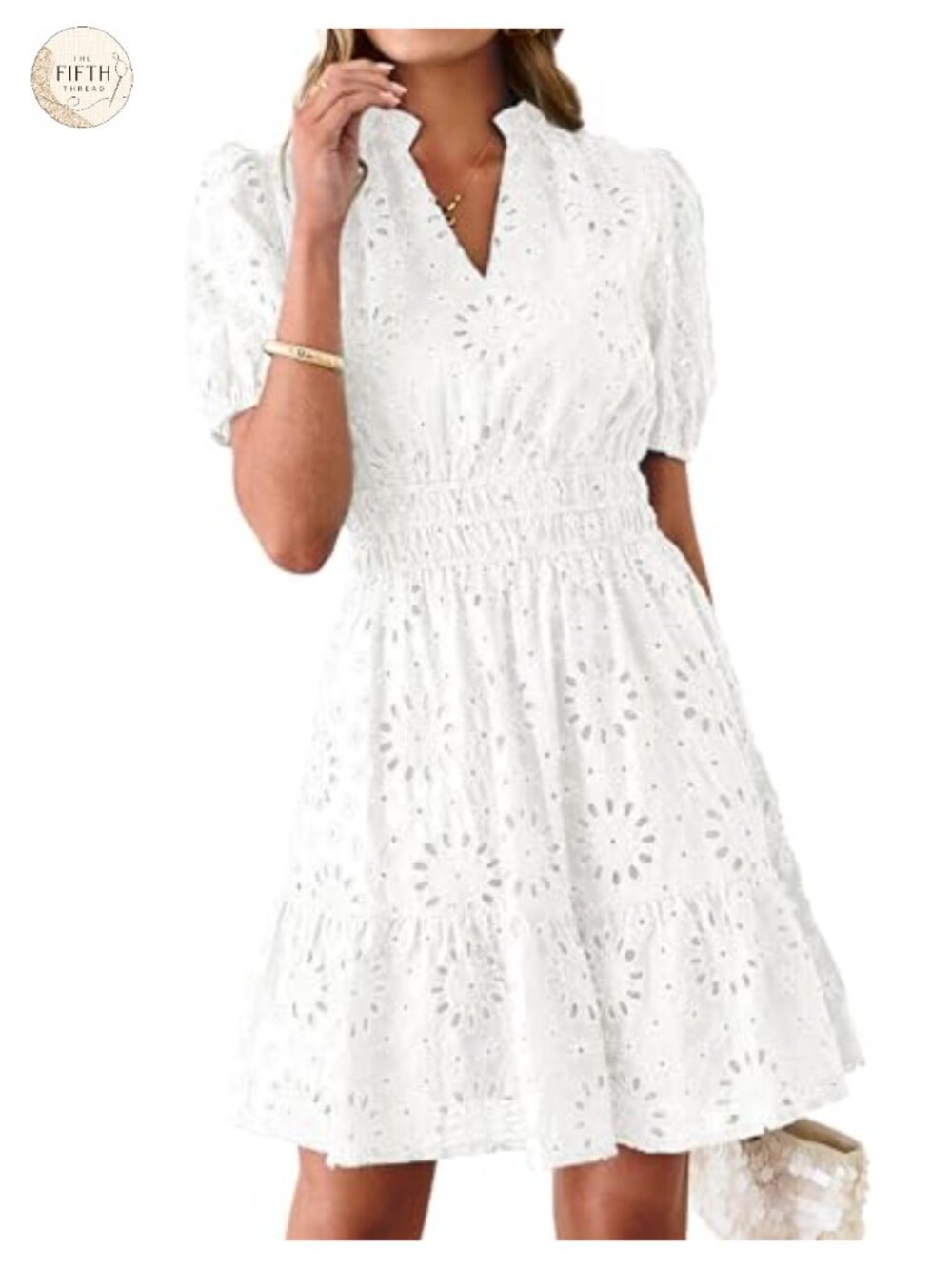 Women's Eyelet Embroidery Lace Boho Mini Dress V Neck Puff Sleeve
